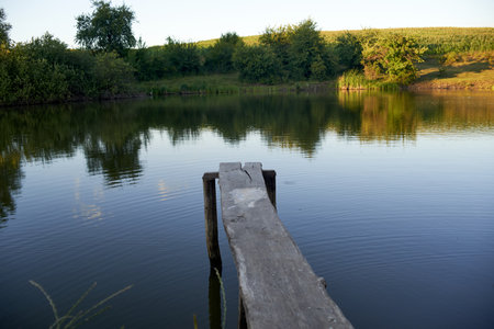 Place for fishing in the evening on the pondの写真素材