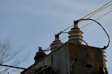 Wires from an electrical transformerの写真素材