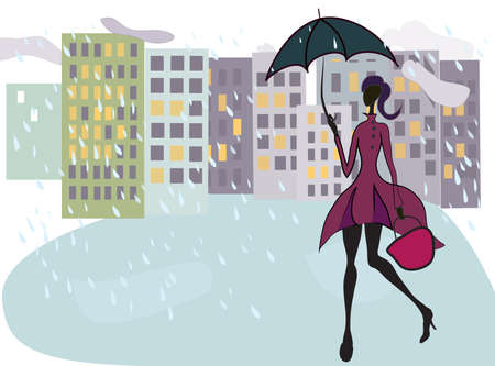 Beautiful Girl Walking in the Rain with Umbrella After Shoppingのイラスト素材