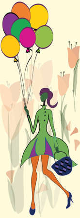 Girl holding colorful balloons on a celebrationのイラスト素材
