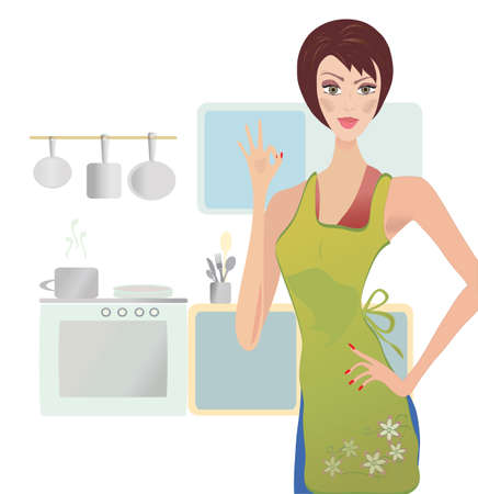 Woman Showing Ok Sign  Housewife Cooking in Her Kitchenのイラスト素材