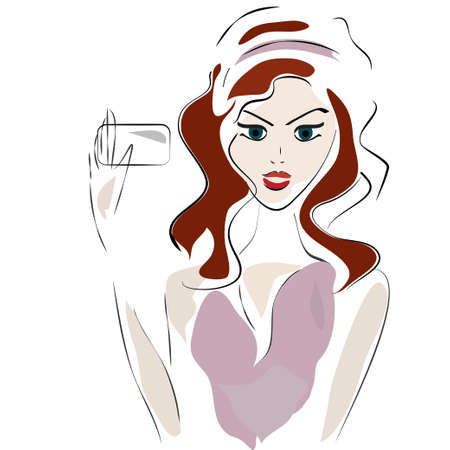 Beautiful Woman Holding Empty Card  Vector Girl with Credit Cardのイラスト素材