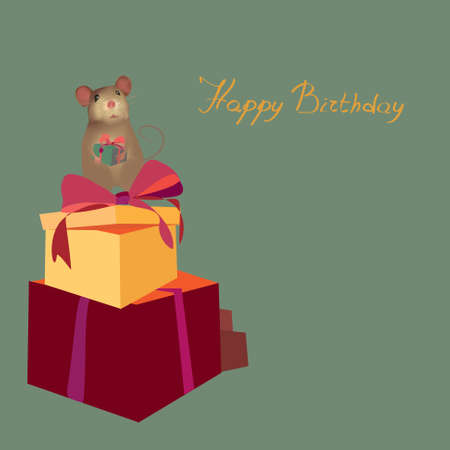 Happy Birthday Card with Present boxes and mouse holding giftのイラスト素材