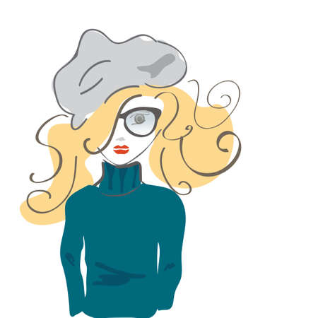 Vector Portrait of a Teenage Girl with hat, glasses and blond curly hairのイラスト素材