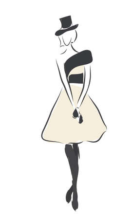 Fashion Design Sketch of a Woman with a Dress and a Hatのイラスト素材