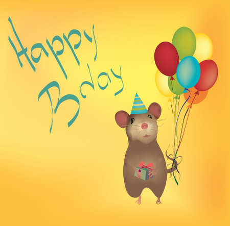 Happy Birthday Card with Balloons and mouse holding giftのイラスト素材