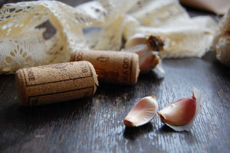 Cork, Lace, Wood  and Garlicの写真素材