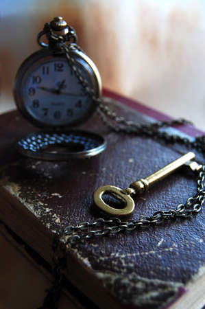 Vintage Key, Book and Pocket Watch  The Key is in Timeの写真素材