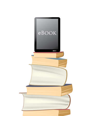 eBook. Electronic E -Reader on a pile of paper booksのイラスト素材