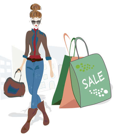 Fashion Woman on Shopping. Design Sketch of a beautiful girl with bag on Saleのイラスト素材