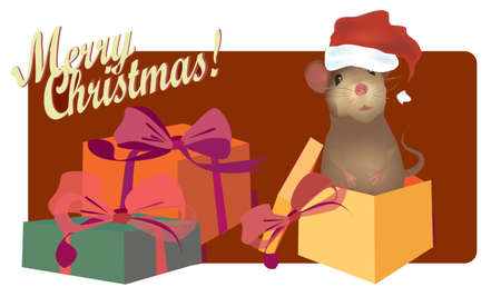 Merry Christmas Note Card with Cute mouse and gift boxesのイラスト素材
