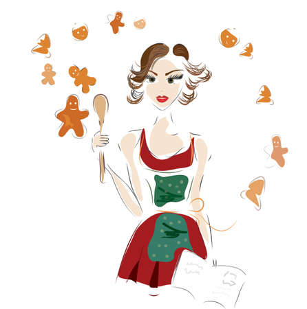 Woman making ginger cookies with recipe book and apron in the kitchenのイラスト素材