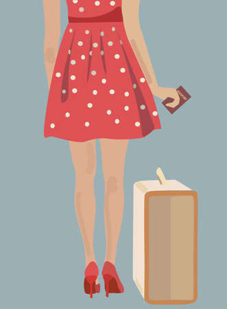 Woman with a suitcase and a passport. Girl ready to travelのイラスト素材