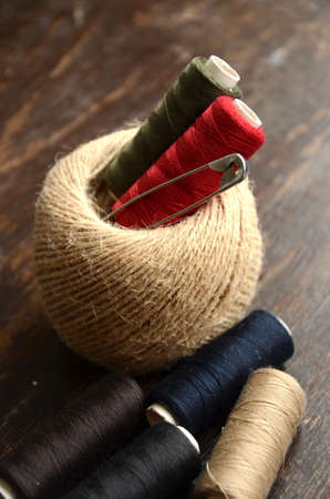 Thread, twine and Safety pin. Sewing set