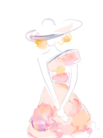 Watercolor drawing of a young woman in beautiful dressの写真素材