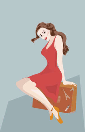 Woman with a suitcase . Illustration of a girl on a tripのイラスト素材