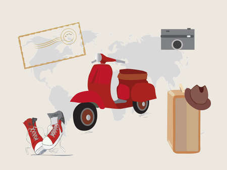 Travel Objects. Scooter suitcase canvas shoes and photo camera with map and post stampのイラスト素材