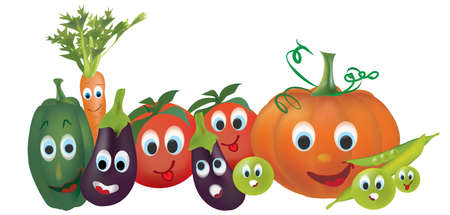 Cartoon Vegetables. Illustration of Pepper Pumpkin Peas Tomatoes Eggplant and  Carrotのイラスト素材
