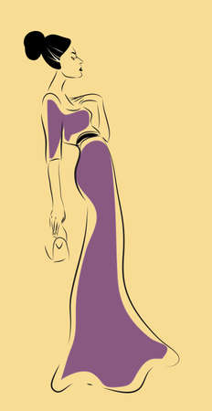 Fashion Woman Portrait. Vector of an Elegant Girl with Purple Dressのイラスト素材