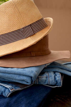 Fashion Torn Jeans and Leather Hatの写真素材