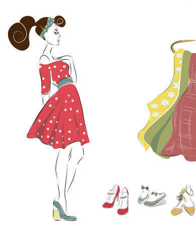 Woman in Retro Style Fashion Dress. Girl on Shoppingのイラスト素材