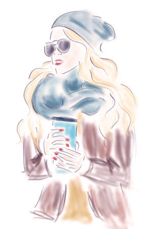 Fashion Blond Woman with Coffee Cup or Teaの写真素材