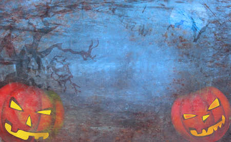 Halloween Dark Background with Copy Space and Creepy Pumpkins, Moon and Batsの写真素材