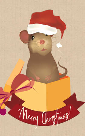 Merry Christmas Greeting Card with Santa Claus Mouse. Illustration of a Cute Little Mouse in a Gift Box.の写真素材