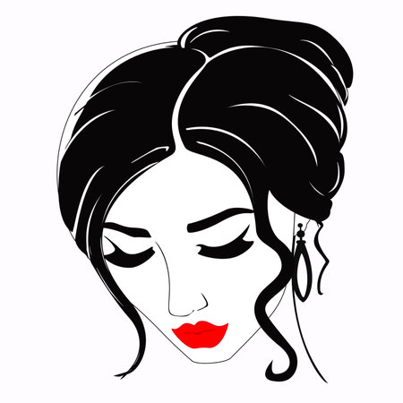 Gorgeous women with red lips and evening hairstyle, Vector black and whiteのイラスト素材