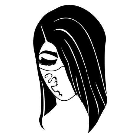 Gorgeous brunette wearing mask from COVID with beautiful design. Vector black and whiteのイラスト素材