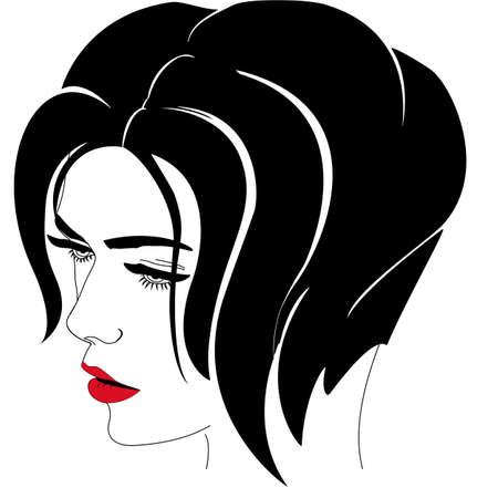 Beautiful women with red lips and short haircut Vector black and whiteのイラスト素材