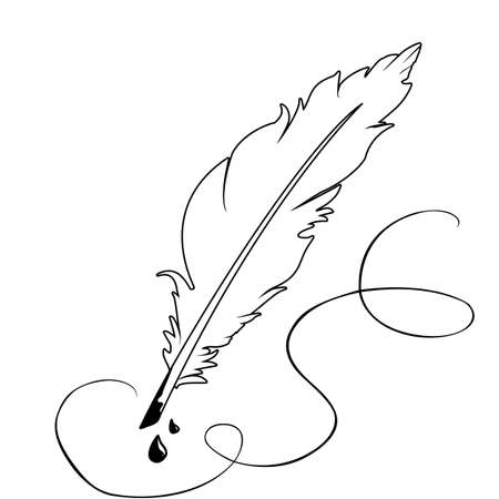 White feather pen with ink drops and ink path, Vector black and whiteのイラスト素材