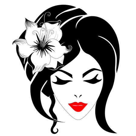 Beautiful women with red lips and lily in the hair. Vector black and whiteのイラスト素材