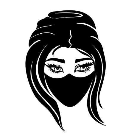 Women with long dark hair wearing mask from COVID, Vector black and whiteのイラスト素材