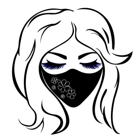 Blond woman with long eyelashes wearing stylish black mask from COVID-19. Vector black and whiteのイラスト素材
