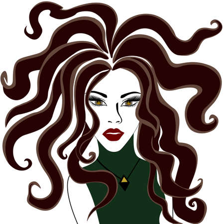 Beautiful brunette with flowing hair, red lips and fire in her eyes. Vectorのイラスト素材