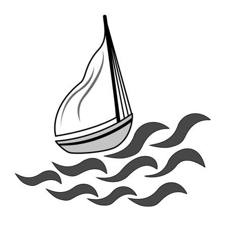 Simple sailing boat at the ocean. Hand drawn ship and waves icon. Vectorのイラスト素材