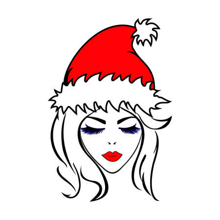 Pretty blond girl with long eyelashes and red lips in red Santa hat with white fur. Vectorのイラスト素材