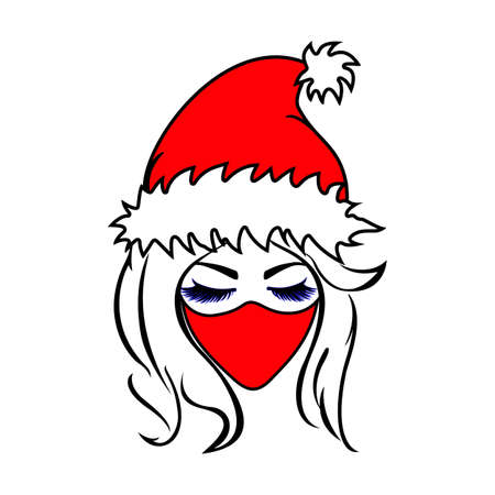 Beautiful blond girl with long eyelashes in red Christmas hat with white fur and red Covid face mask. Vectorのイラスト素材