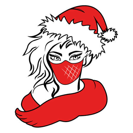 Beautiful blond girl wearing red scarf, Christmas hat with white fur and red Covid face mask. Vectorのイラスト素材