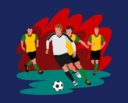 Football players with the ball in action on the field. Multicolored illustrations of football in flat style. Bright and dynamic football game. Picture for decoration and printing.のイラスト素材