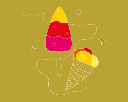 Colorful vector illustration of ice cream in flat design style. Lines and contrasting colors. Cartoon style. Drawing for decorating and printing cards, leaflets, textiles, etc.のイラスト素材