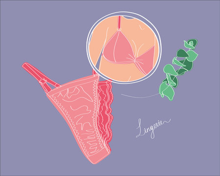 Lingerie set. Underwear vector illustration in flat style. Reflection of a girl in underwear in the mirror. Trendy drawing for poster, card, cover, invitation, placard, brochure.のイラスト素材