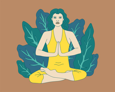 A woman meditates in the lotus position, does yoga and exercise. Meditation concept, health benefits of body, mind and emotions. Vector illustration for design and printing.のイラスト素材