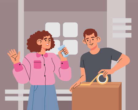 A young man and woman are packing things into boxes, moving, changing housing. Vector illustration in flat style. Colorful drawing for design and printing.のイラスト素材
