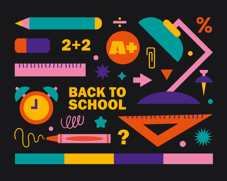 Back to school design elements for design. Vector illustration in flat cartoon style. Colorful set of badges and icons for training and education, stationery, office supplies.のイラスト素材