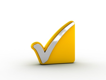 Silver check mark on golden plateの写真素材