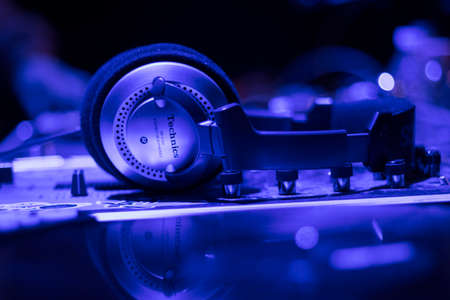 DJ Headphones on Stage Magenta Blue Feel Macroの写真素材