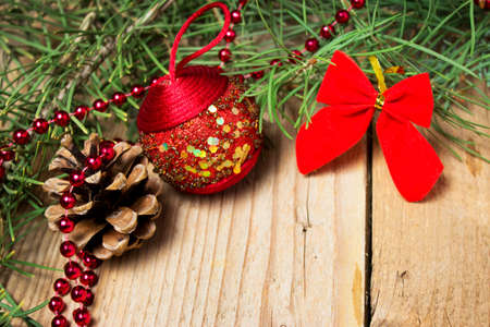 Christmas decorations on wooden backgroundの写真素材
