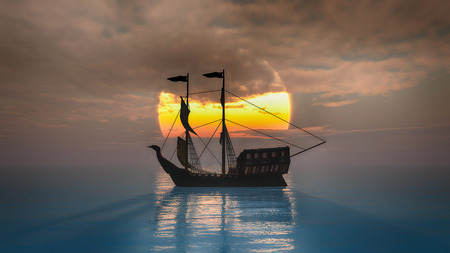 old ship in sea sunsetの写真素材